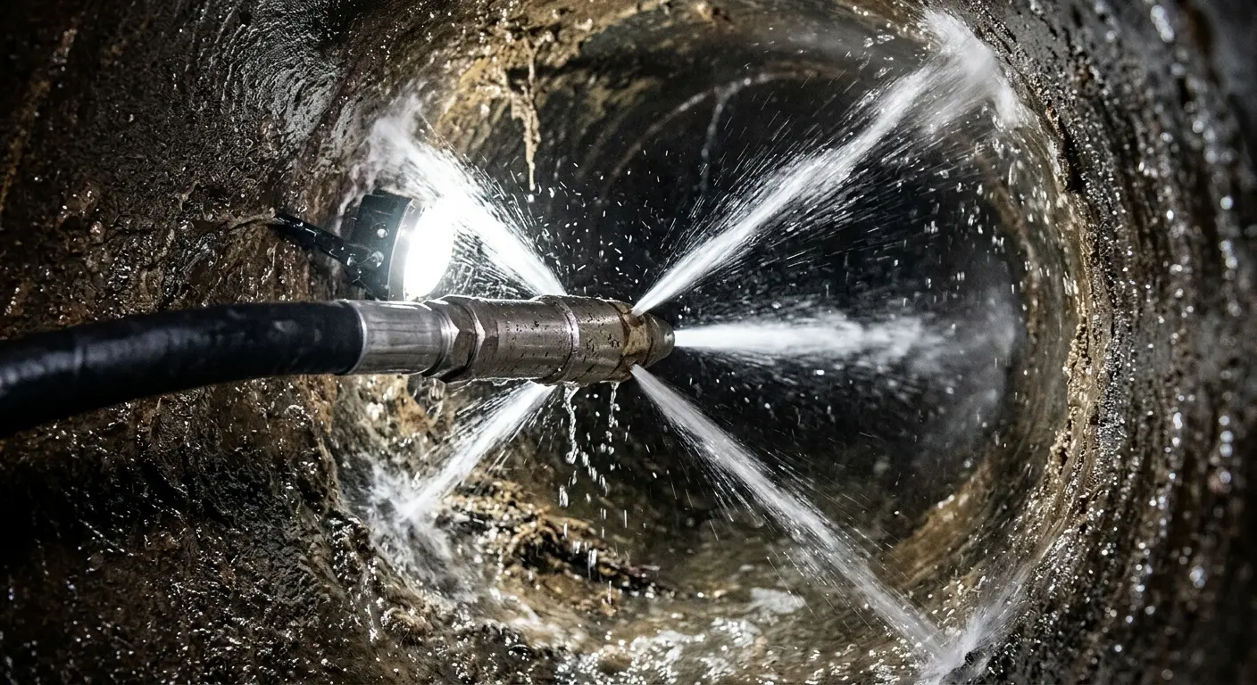 High-pressure hydro jetting nozzle cleaning sewer pipe for Trenchless Sewer Repair in Marshall