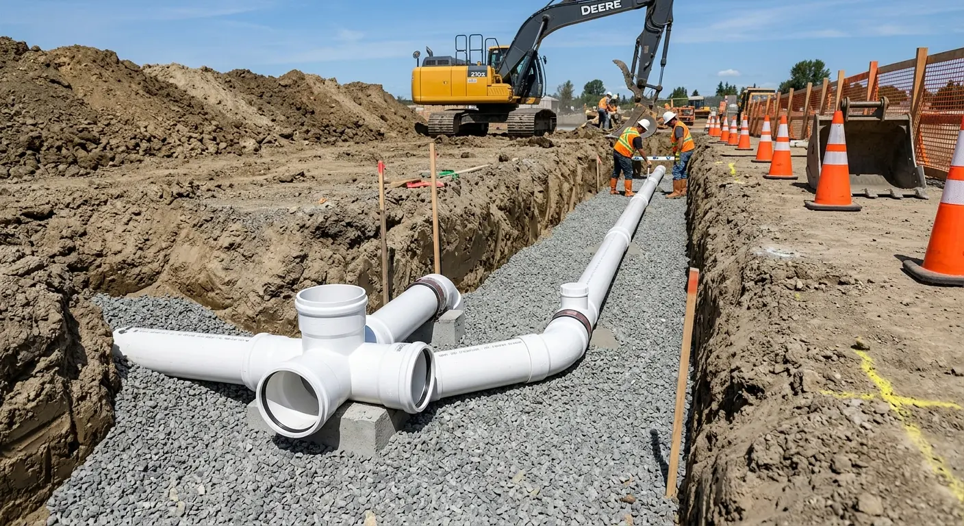 New PVC sewer pipe installation in open trench for Commercial Drain Cleaning in Marshall