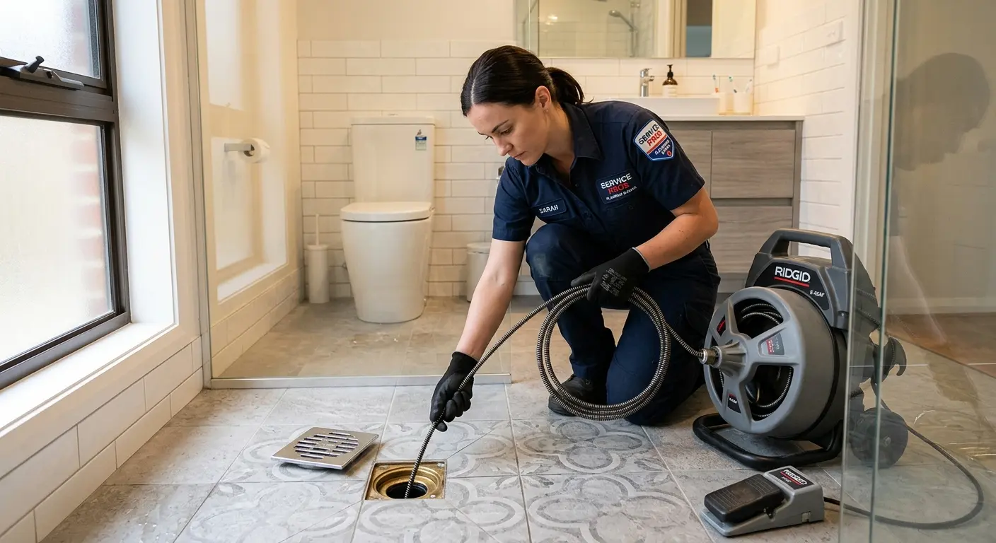 Technician clearing a bathroom floor drain for Clogged Drain Repair in Marshall
